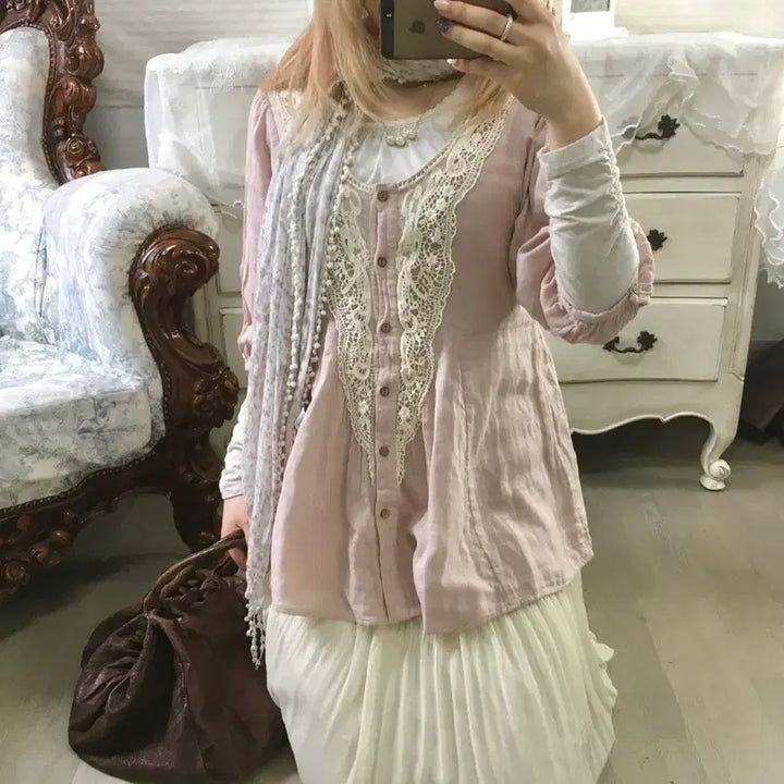 [BUNJANG] Vintage Mori Lace Blouse / 일본빈티지 핑크 모리 레이스 블라우스
