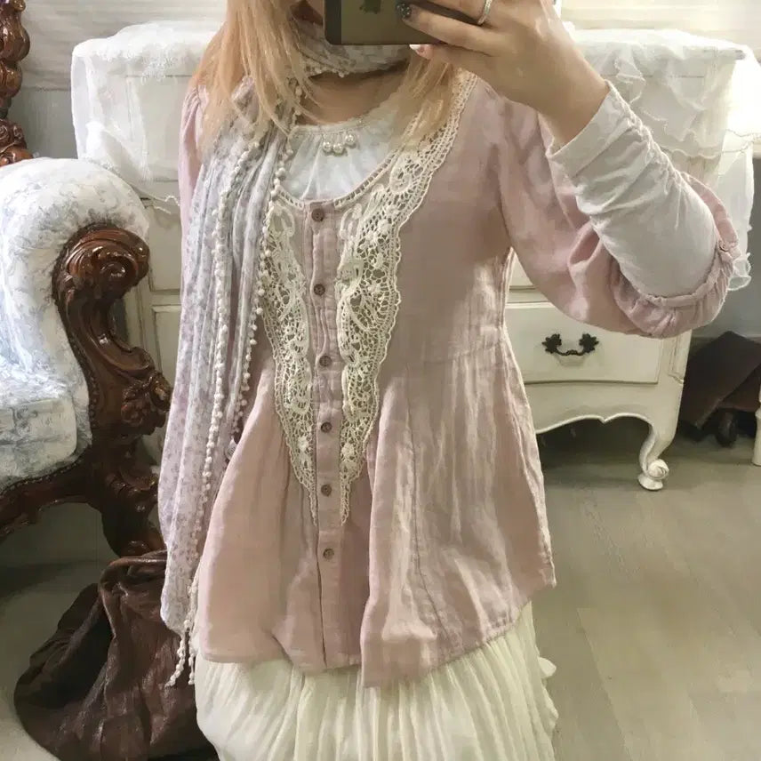 [BUNJANG] Vintage Mori Lace Blouse / 일본빈티지 핑크 모리 레이스 블라우스