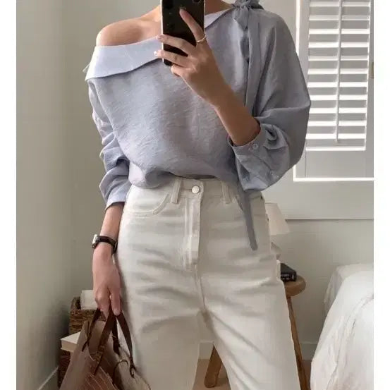[SOLD OUT] 인기 오프숄더 언발 페미닌 블라우스 44-66size