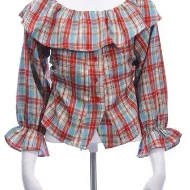 [BUNJANG] Off-Shoulder Checkered Blouse with Frill / 체크 오프숄더 블라우스 프릴 셔츠