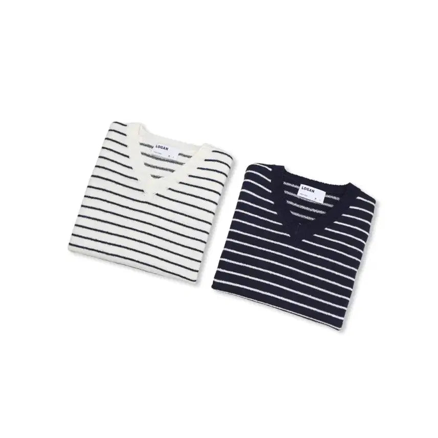 [BUNJANG] LOGAN Striped V-Neck Knit Shirt / LOGAN 에이더 단가라 브이넥 반팔니트