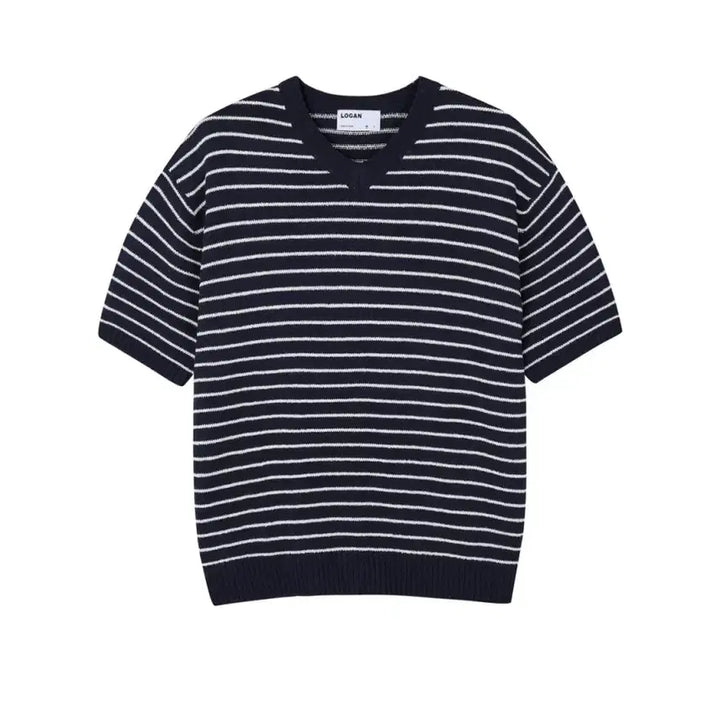 [BUNJANG] LOGAN Striped V-Neck Knit Shirt / LOGAN 에이더 단가라 브이넥 반팔니트