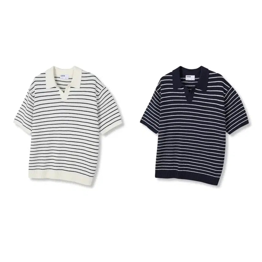 [BUNJANG] LOGAN Open Collar Striped Knit Top / LOGAN 케미 단가라 오픈카라 반팔니트