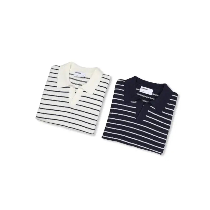 [BUNJANG] LOGAN Open Collar Striped Knit Top / LOGAN 케미 단가라 오픈카라 반팔니트