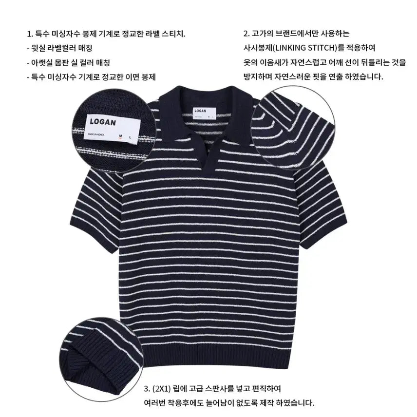 [BUNJANG] LOGAN Open Collar Striped Knit Top / LOGAN 케미 단가라 오픈카라 반팔니트