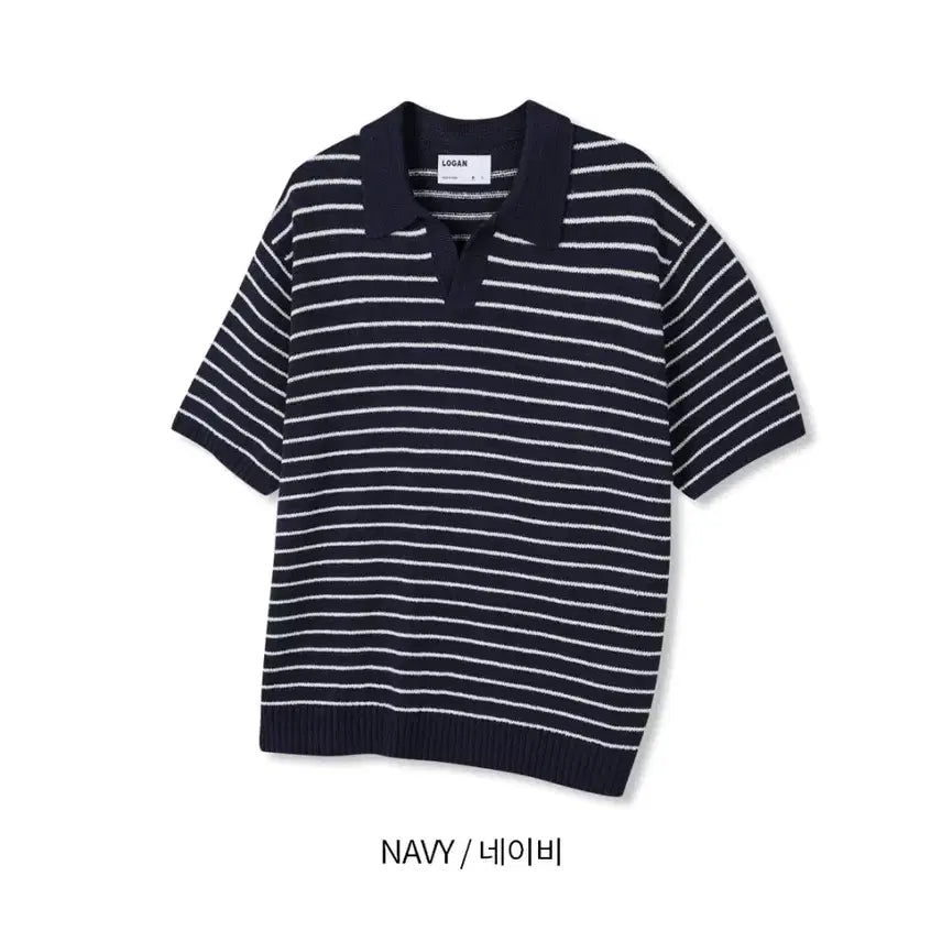 [BUNJANG] LOGAN Open Collar Striped Knit Top / LOGAN 케미 단가라 오픈카라 반팔니트