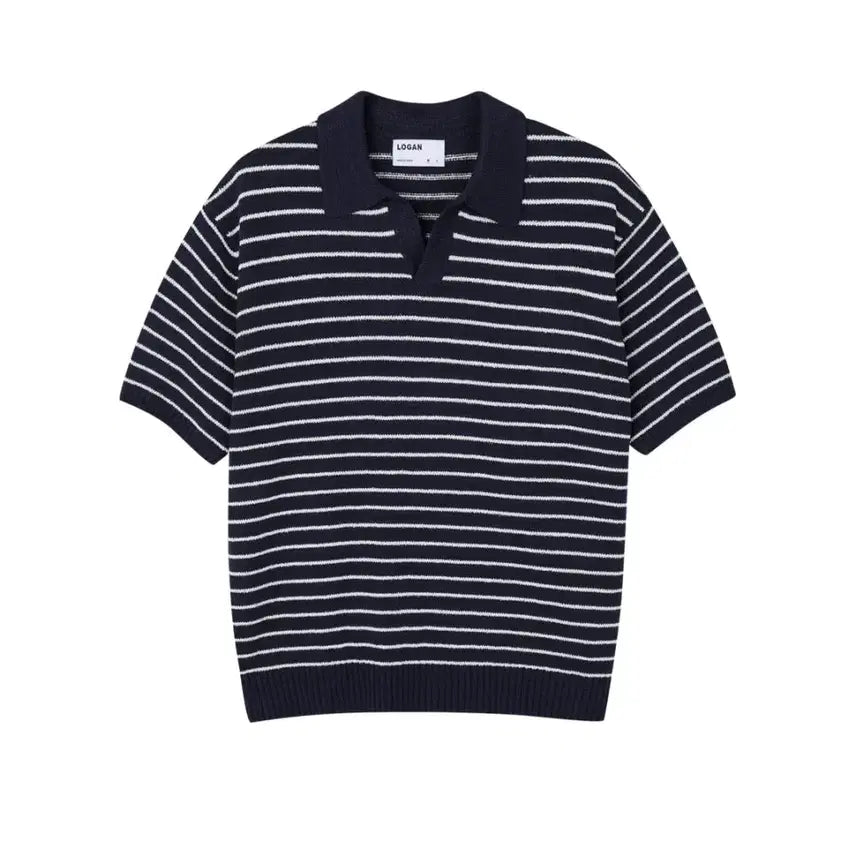 [BUNJANG] LOGAN Open Collar Striped Knit Top / LOGAN 케미 단가라 오픈카라 반팔니트