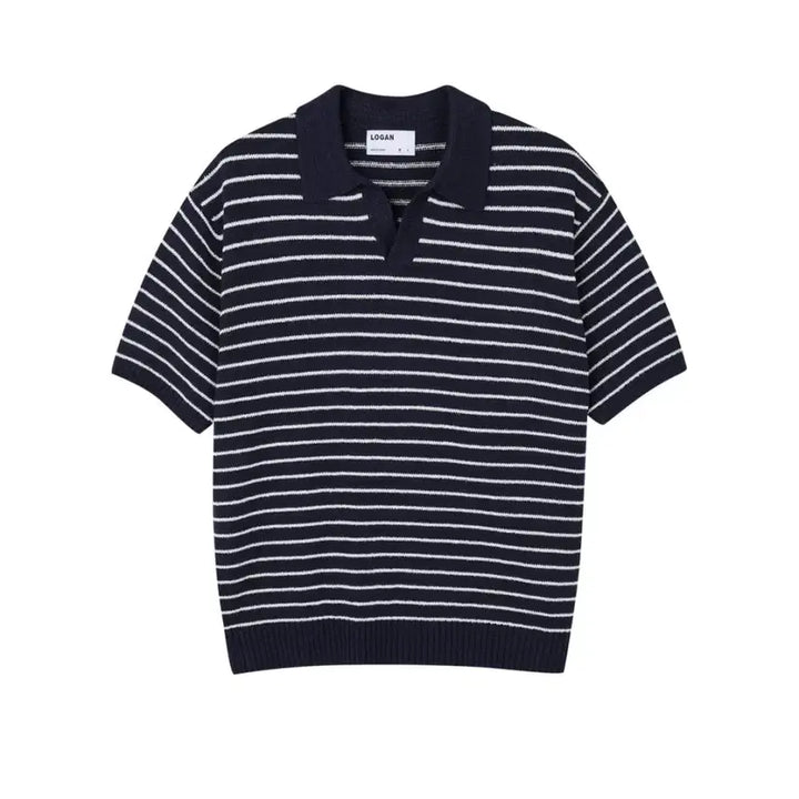 [BUNJANG] LOGAN Open Collar Striped Knit Top / LOGAN 케미 단가라 오픈카라 반팔니트