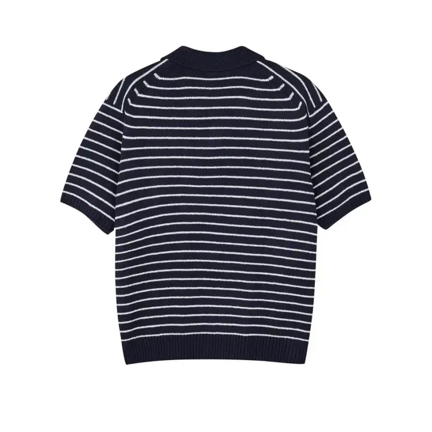 [BUNJANG] LOGAN Open Collar Striped Knit Top / LOGAN 케미 단가라 오픈카라 반팔니트