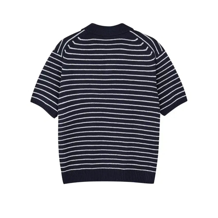[BUNJANG] LOGAN Open Collar Striped Knit Top / LOGAN 케미 단가라 오픈카라 반팔니트
