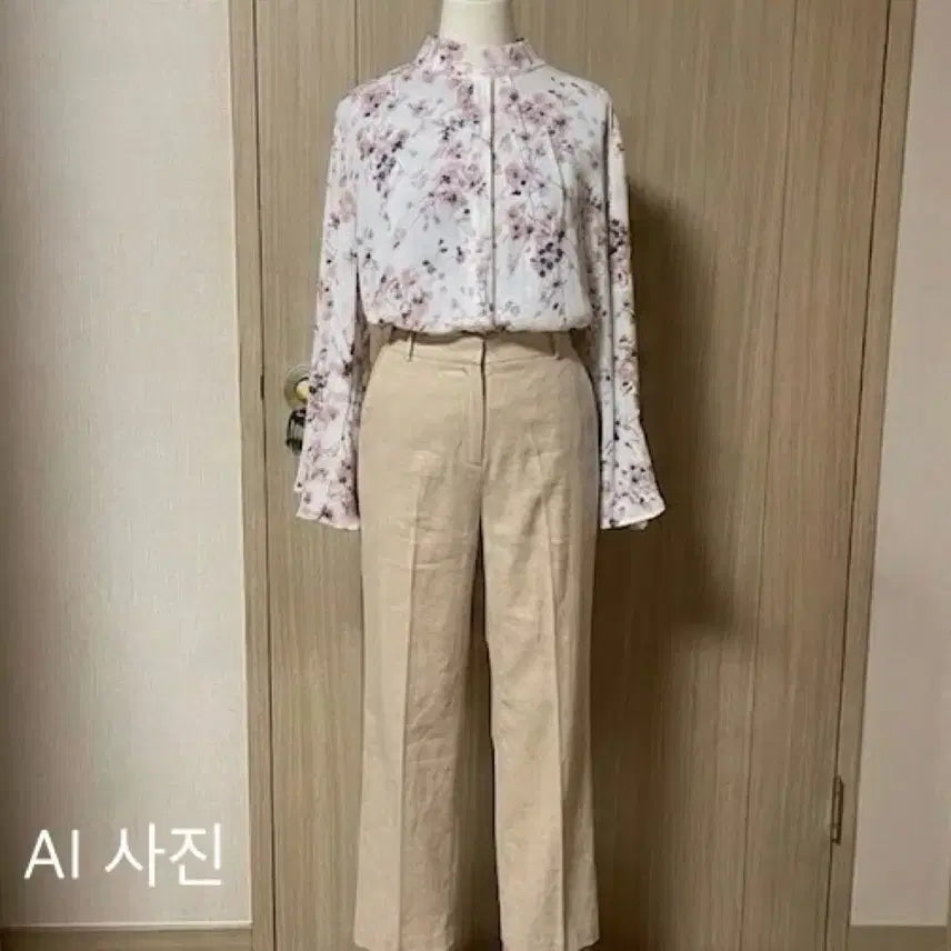 [BUNJANG] 플라워 하이넥 블라우스 + 베이지 슬랙스 일괄 / 플라워 하이넥 블라우스 + 베이지 슬랙스 일괄
