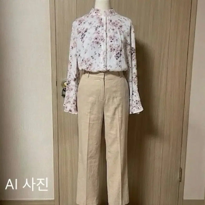 [BUNJANG] 플라워 하이넥 블라우스 + 베이지 슬랙스 일괄 / 플라워 하이넥 블라우스 + 베이지 슬랙스 일괄