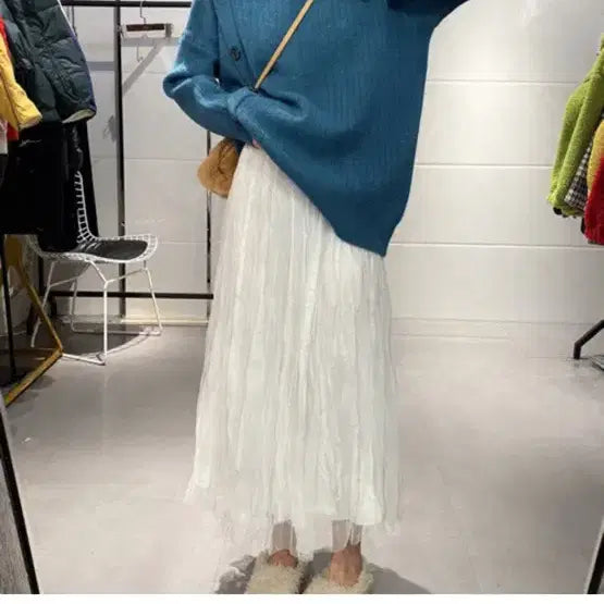 [BUNJANG] Lace Pleated Chiffon Long Skirt / 레이스 주름 샤스커트