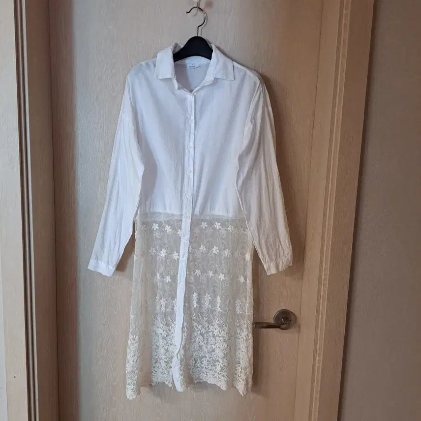 [BUNJANG] White Lace Long Shirt Dress (Size 77) / 화이트 레이스 롱 셔츠 원피스사이즈77