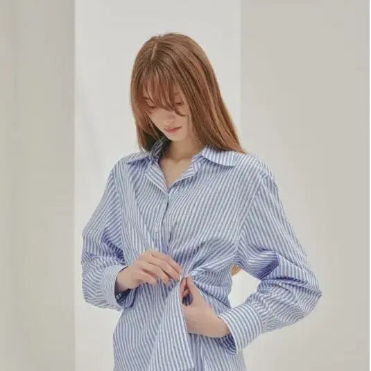 [BUNJANG] AbraMoi Blue Stripe Wrap Shirt / 아비에무아 블루 스트라이프 랩 셔츠