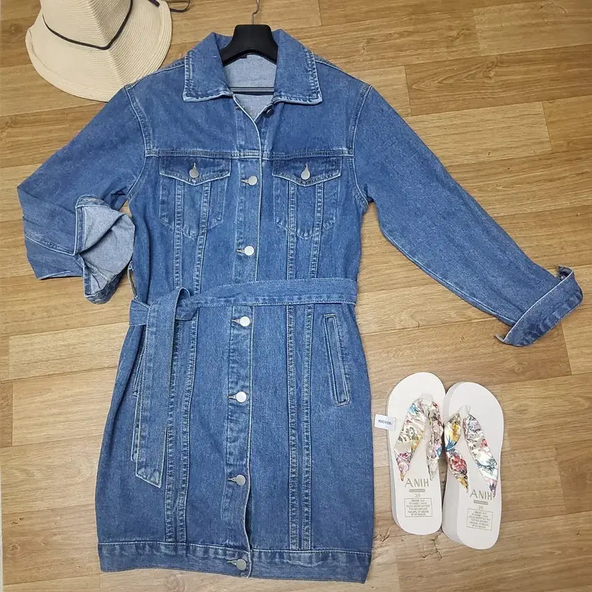 [BUNJANG] Belted Denim Trench Dress / 벨티드 데님 트렌치코트 겸 청 원피스 여자 90 55