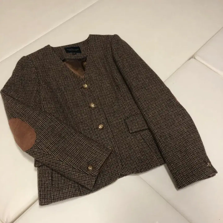 [BUNJANG] Thursday Island Check Elbow Patch Slim V-Neck Wool Jacket / 써스데이아일랜드 22년 울 자켓 체크 엘보패치 슬림 브이넥 코트 컨추리