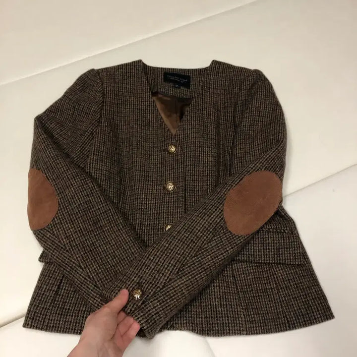 [BUNJANG] Thursday Island Check Elbow Patch Slim V-Neck Wool Jacket / 써스데이아일랜드 22년 울 자켓 체크 엘보패치 슬림 브이넥 코트 컨추리