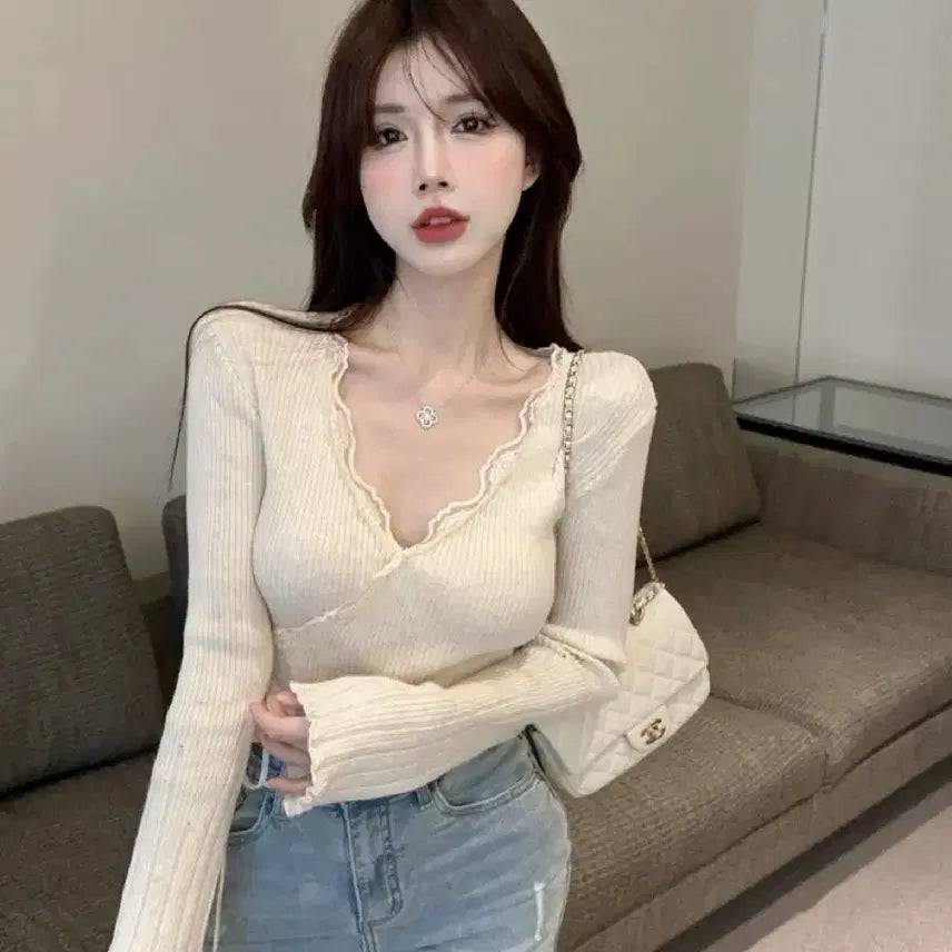 [BUNJANG] Oatmeal Lace Wrap Knit Top / 오트밀 레이스 랩 니트