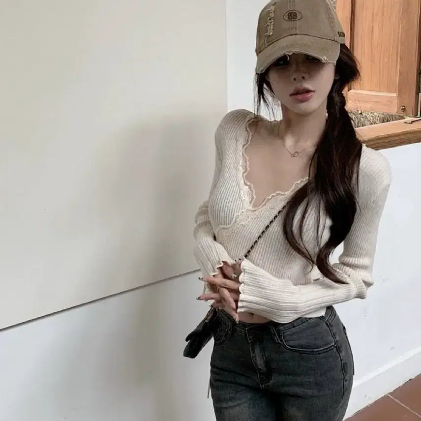 [BUNJANG] Oatmeal Lace Wrap Knit Top / 오트밀 레이스 랩 니트