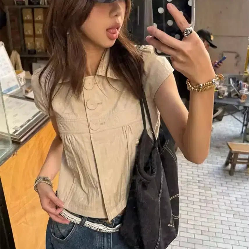 [BUNJANG] Beige Short-Sleeve Jacket / 베이지 반팔 자켓 / 데일리 캐주얼 데이트룩 러블리 빈티지 y2k