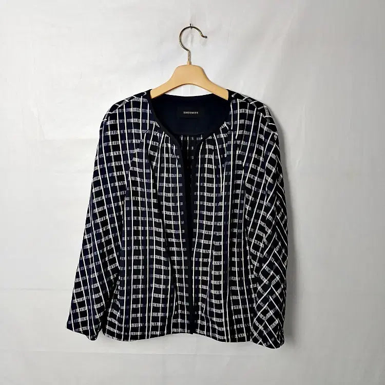 [BUNJANG] SHESMISS Navy Check Collarless Jacket / SHESMISS 쉬즈미스네이비 체크 노카라 자켓 85