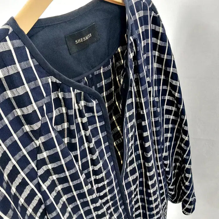 [BUNJANG] SHESMISS Navy Check Collarless Jacket / SHESMISS 쉬즈미스네이비 체크 노카라 자켓 85