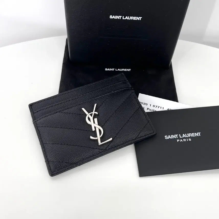 [BUNJANG] Saint Laurent Monogram Matelassé Card Wallet - Black / 생로랑 모노그램 마틀라세 은장 카드지갑 블랙 (423291)