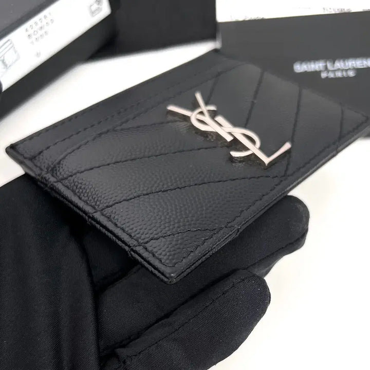 [BUNJANG] Saint Laurent Monogram Matelassé Card Wallet - Black / 생로랑 모노그램 마틀라세 은장 카드지갑 블랙 (423291)