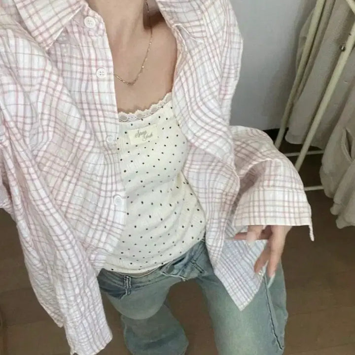 [BUNJANG] SHEIN Pink Checkered Shirt - Size L / 쉬인 핑크 체크 셔츠 L사이즈