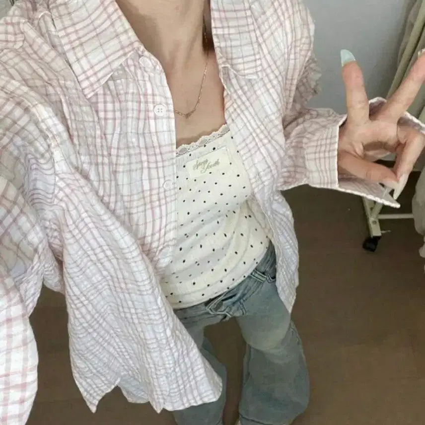 [BUNJANG] SHEIN Pink Checkered Shirt - Size L / 쉬인 핑크 체크 셔츠 L사이즈