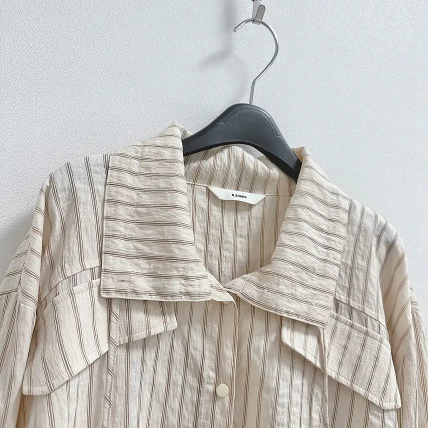 [BUNJANG] Enshaf Striped String Blouse Open Collar Jacket / 엔샤프 스트라이프 스트링 블라우스 제평 자켓 오픈카라
