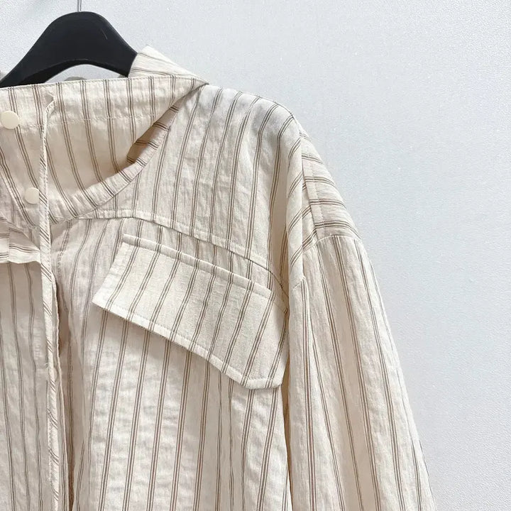 [BUNJANG] Enshaf Striped String Blouse Open Collar Jacket / 엔샤프 스트라이프 스트링 블라우스 제평 자켓 오픈카라