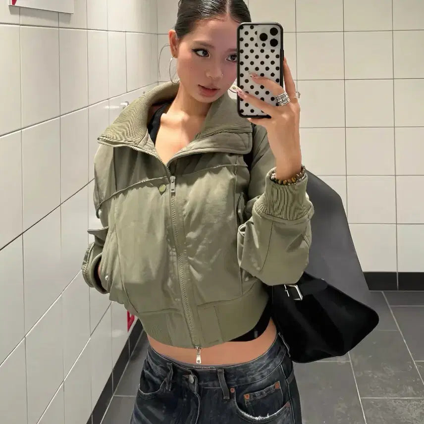 [BUNJANG] Khaki Cropped Blouson Zip-Up Bomber Jacket / 새상품) 카키 크롭 블루종 집업 항공점퍼 봄버자켓 올리브 카키베이지