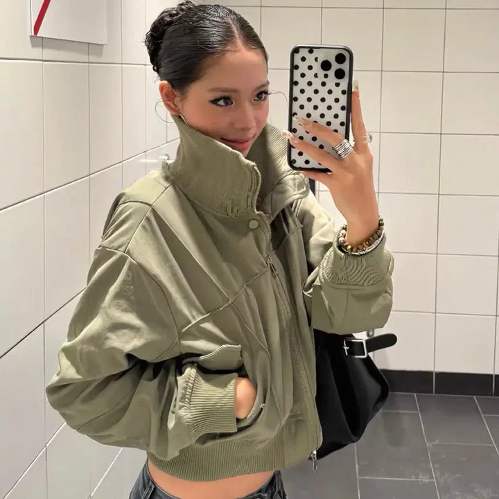 [BUNJANG] Khaki Cropped Blouson Zip-Up Bomber Jacket / 새상품) 카키 크롭 블루종 집업 항공점퍼 봄버자켓 올리브 카키베이지
