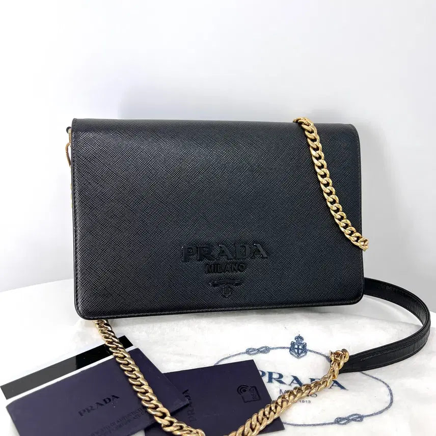 [BUNJANG] Prada Saffiano Chain Crossbody Bag / 프라다 사피아노 블랙로고 체인 크로스백 블랙 (1BP018)