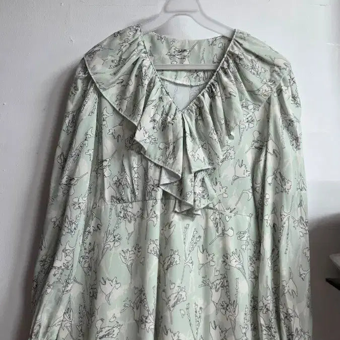 [BUNJANG] Mint Floral Long Dress with Frill / 민트 플라워 롱 원피스 프릴 장식