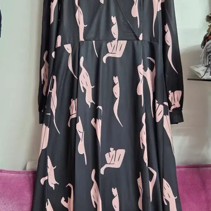 [BUNJANG] Black Pink Pattern Long Wrap Dress / 블랙 핑크 패턴 롱 원피스