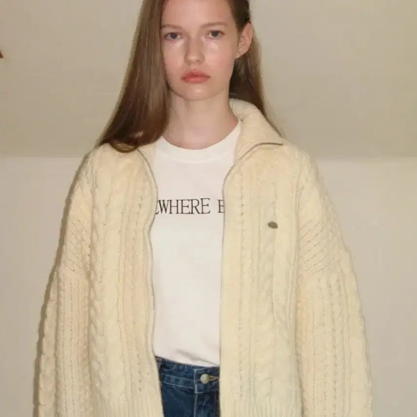 [BUNJANG] Somewherebut Better Ivory Cable Knit Full Zip Up / 썸웨어버터 아이보리 케이블 니트 풀 집업 아이보리