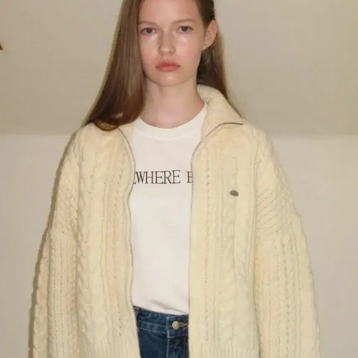 [BUNJANG] Somewherebut Better Ivory Cable Knit Full Zip Up / 썸웨어버터 아이보리 케이블 니트 풀 집업 아이보리
