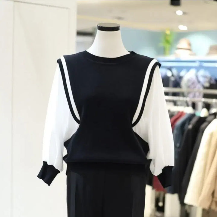 [BUNJANG] Haylynn White Chiffon Knit Mix-Match Blouse / Haylynn 니트 화이트 쉬폰 배색 블라우스