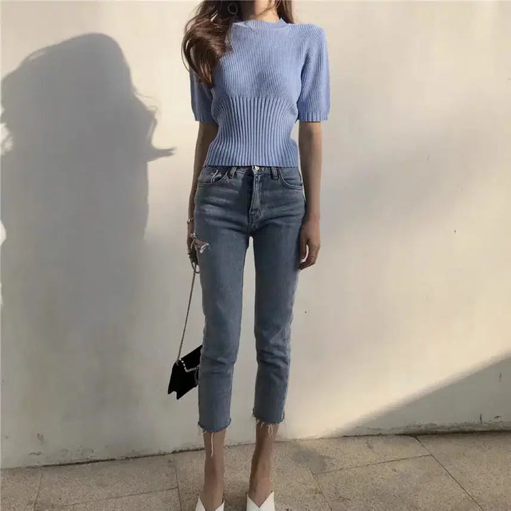 [BUNJANG] Sky Blue Slim Fit Ribbed Knit Top / 반팔 골지 니트
