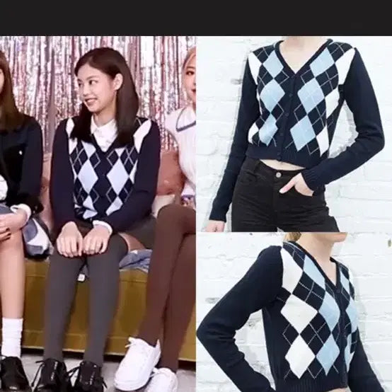 [BUNJANG] Argyle Knit Cardigan Navy / 아가일 니트 가디건 네이비