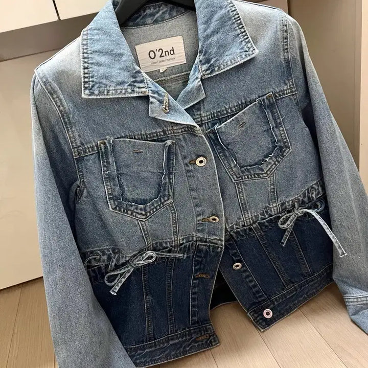 [BUNJANG] O2nd Ribbon Two-Tone Denim Jacket / 한섬 O2nd 오즈세컨 리본 투톤배색 아일렛 데님 자켓 청자켓 점퍼