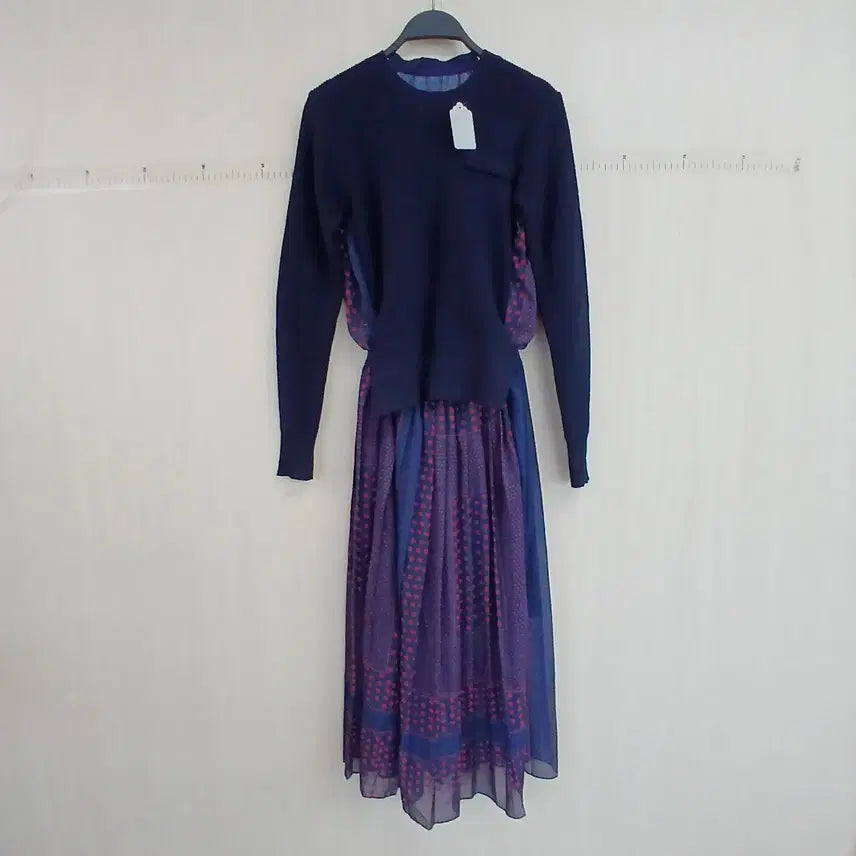[BUNJANG] Navy Knit Top and Dot Long Skirt Set / 네이비 니트 상의 + 도트 롱 스커트 세트