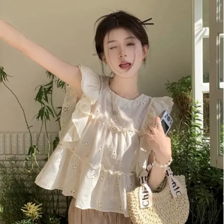 [BUNJANG] White Punching Lace Frill Blouse / 펀칭 레이스 프릴 블라우스 화이트
