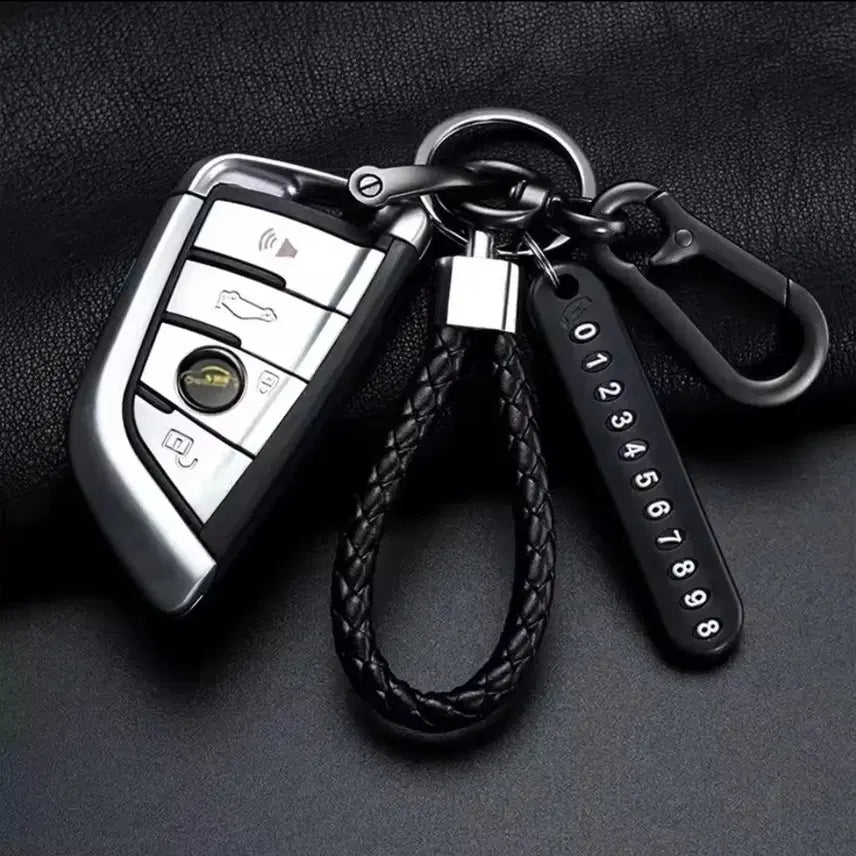 [BUNJANG] Black Leather Keyring with Contact Number Tag / 블랙 가죽 키링 + 연락처 번호표