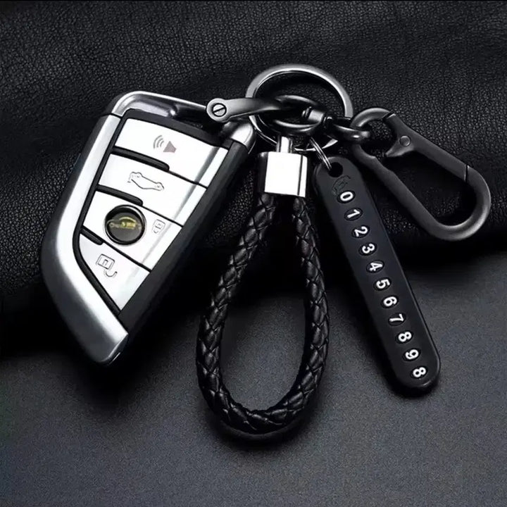 [BUNJANG] Black Leather Keyring with Contact Number Tag / 블랙 가죽 키링 + 연락처 번호표