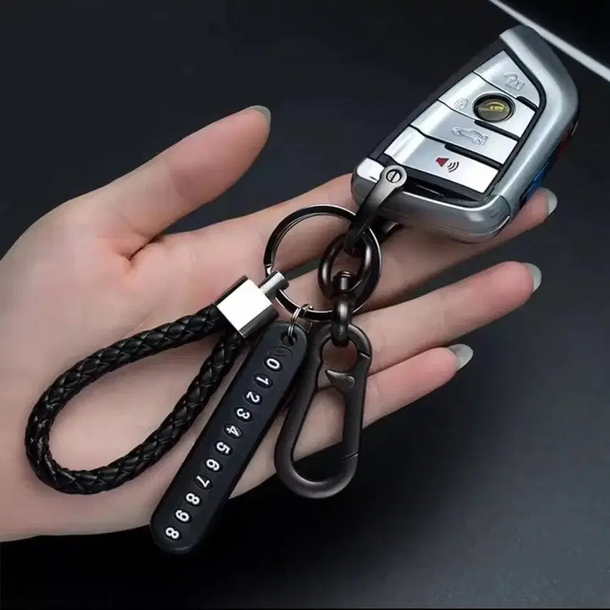 [BUNJANG] Black Leather Keyring with Contact Number Tag / 블랙 가죽 키링 + 연락처 번호표