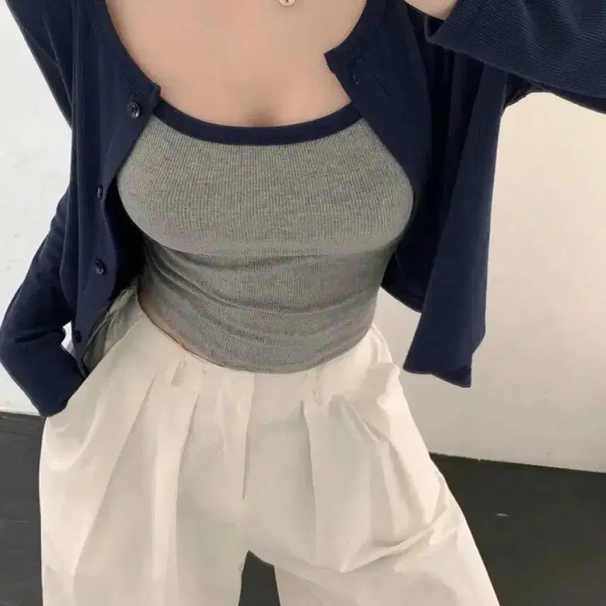 [BUNJANG] Navy Cardigan Grey Camisole Set / 네이비 가디건 회색 끈나시 세트